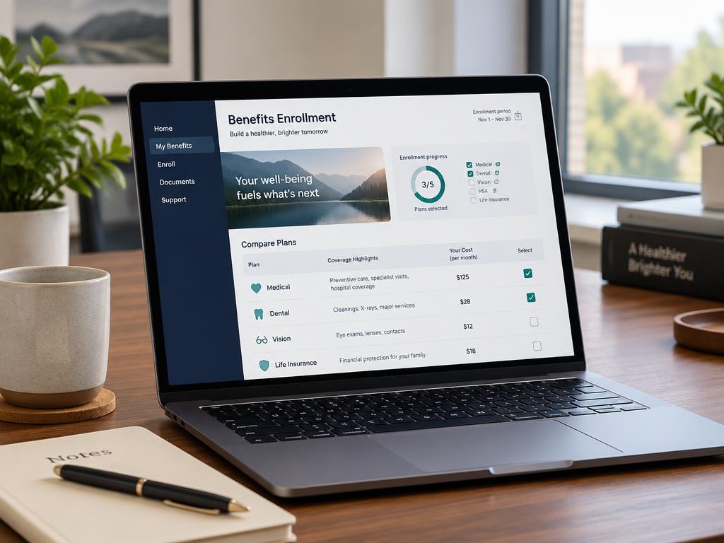 A benefits enrollment platform displayed on a laptop